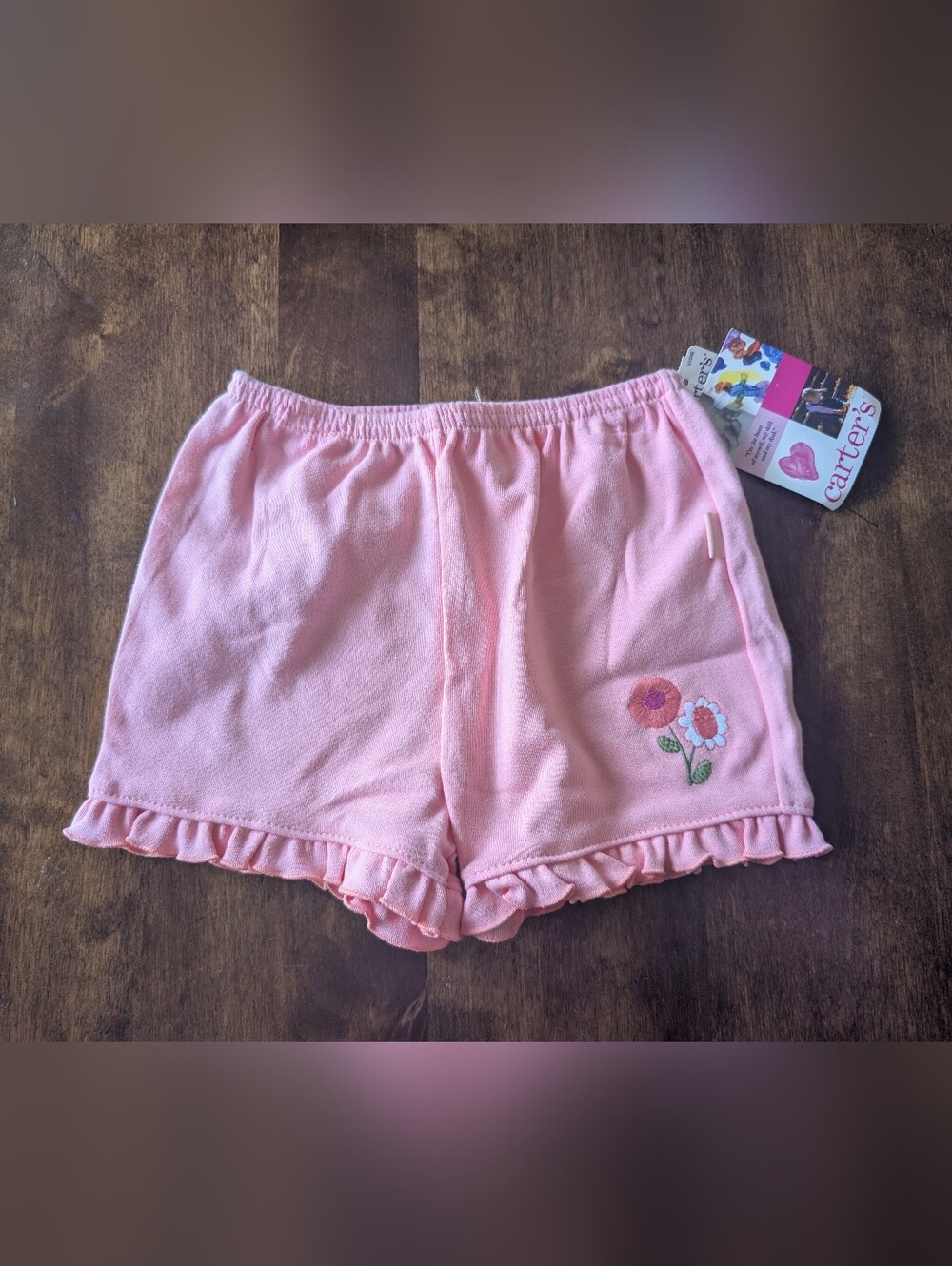 Vintage Carter's Light Pink Ruffle-Hem Shorts with Floral Embroidery/ Nwt/ 18-24